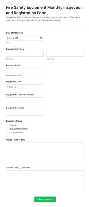 Fire Safety Equipment Monthly Inspection And Registration Form Template