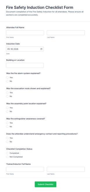 Fire Safety Induction Checklist Form Template