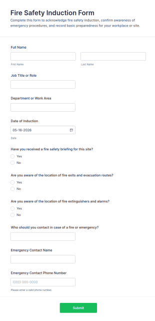 Fire Safety Induction Form Template