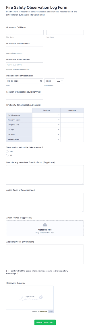 Fire Safety Observation Log Form Template