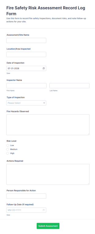 Fire Safety Risk Assessment Record Log Form Template