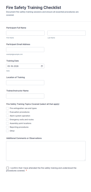 Fire Safety Training Checklist Form Template