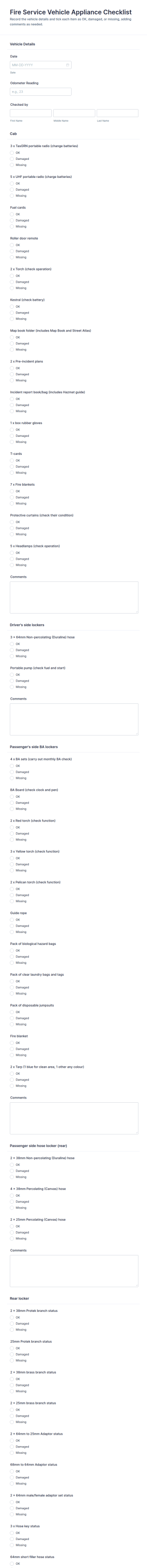 Fire Service Vehicle Appliance Checklist Form Template