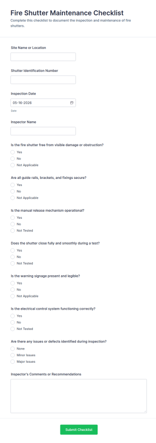 Fire Shutter Maintenance Checklist Form Template