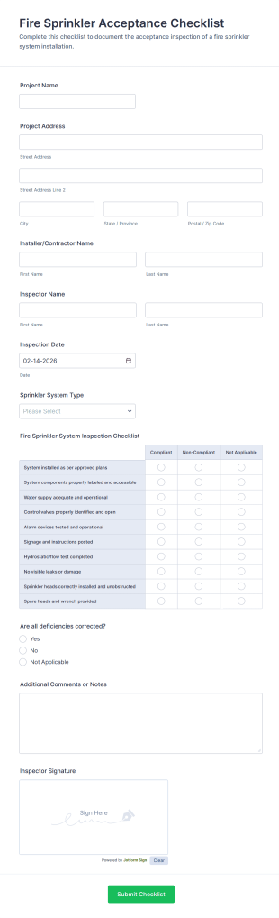 Fire Sprinkler Acceptance Checklist Form Template