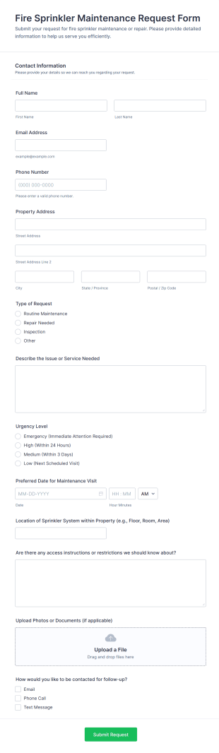 Fire Sprinkler Maintenance Request Form Template