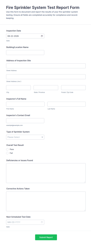 Fire Sprinkler System Test Report Form Template