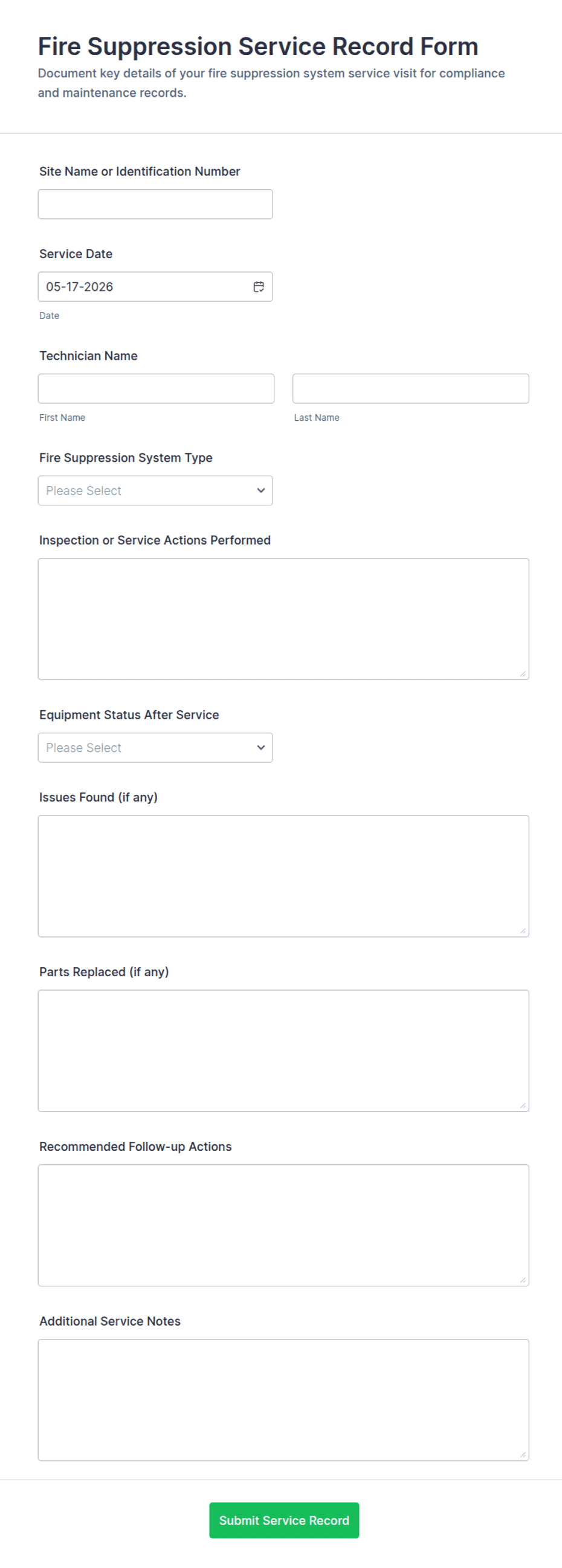 Fire Suppression Service Record Form Template | Jotform