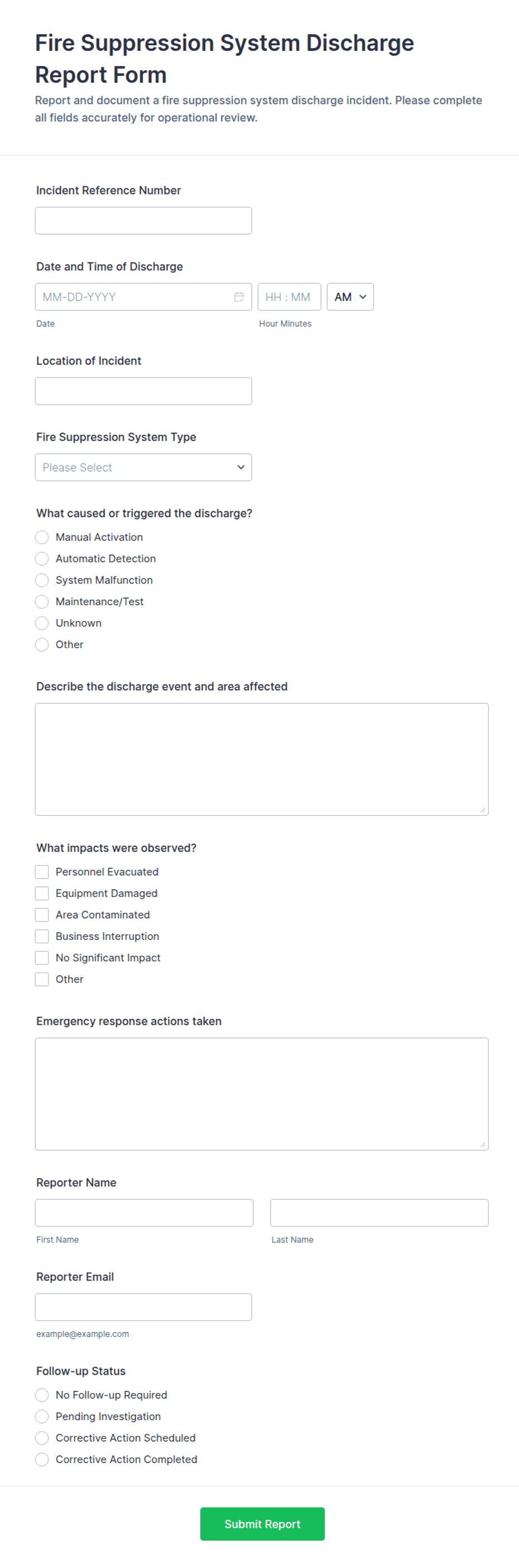 Fire Suppression System Discharge Report Form Template | Jotform