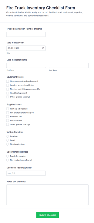 Fire Truck Inventory Checklist Form Template