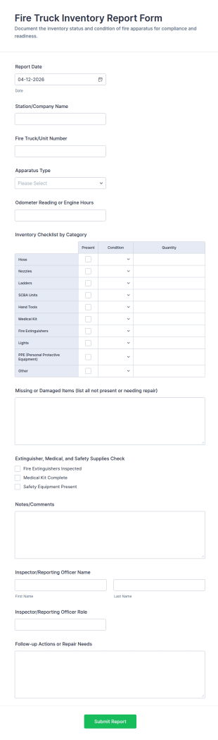 Fire Truck Inventory Report Form Template