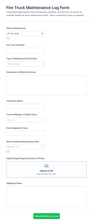 Fire Truck Maintenance Log Form Template