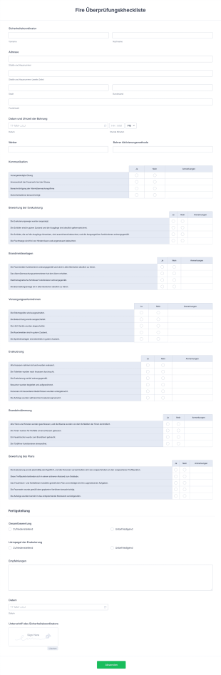 Fire Überprüfungskheckliste Form Template
