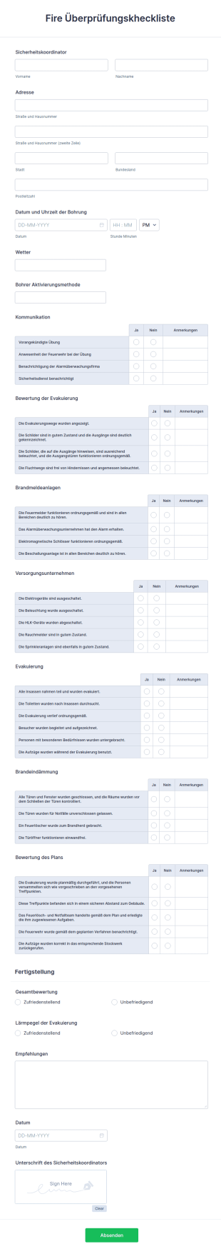 Fire Überprüfungskheckliste