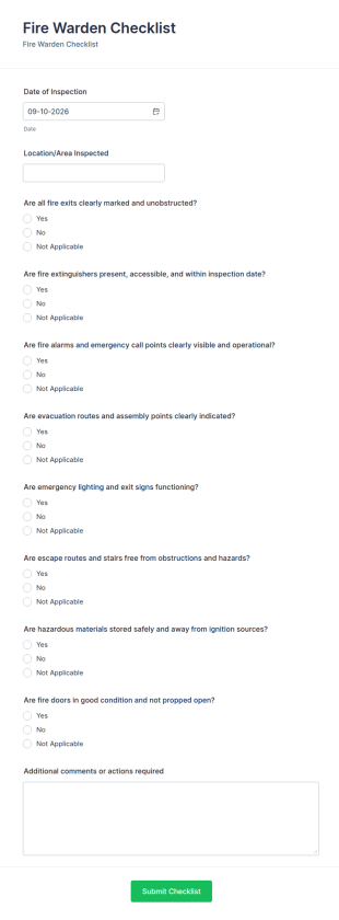 Fire Warden Checklist Form Template