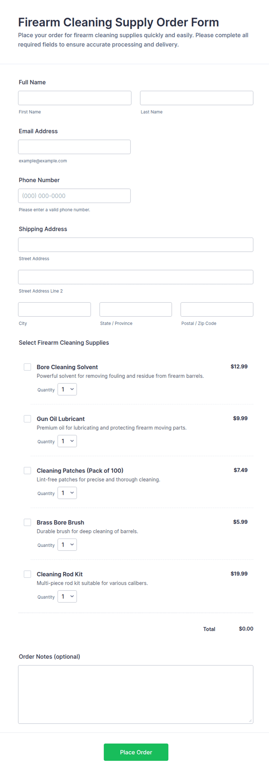Firearm Cleaning Supply Order Form Template | Jotform