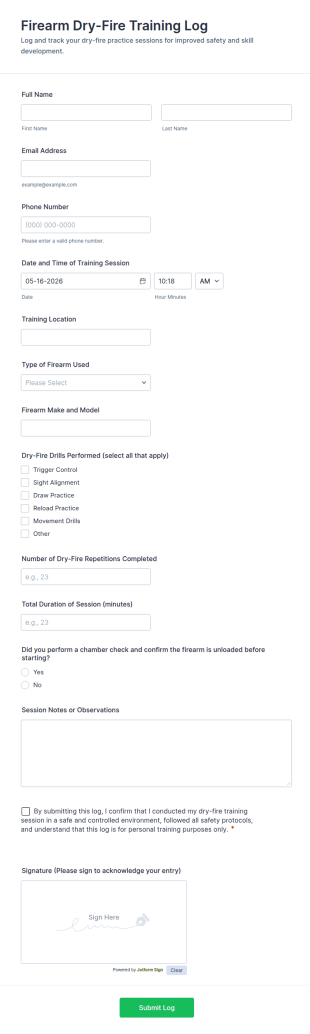 Firearm Dry Fire Training Log Form Template