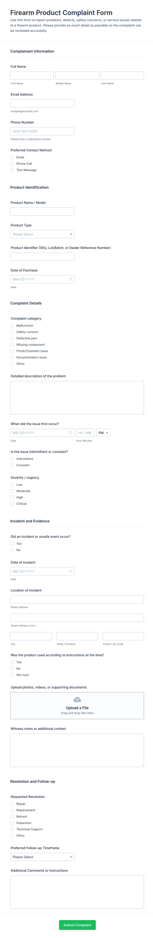 Firearm Product Complaint Form Template