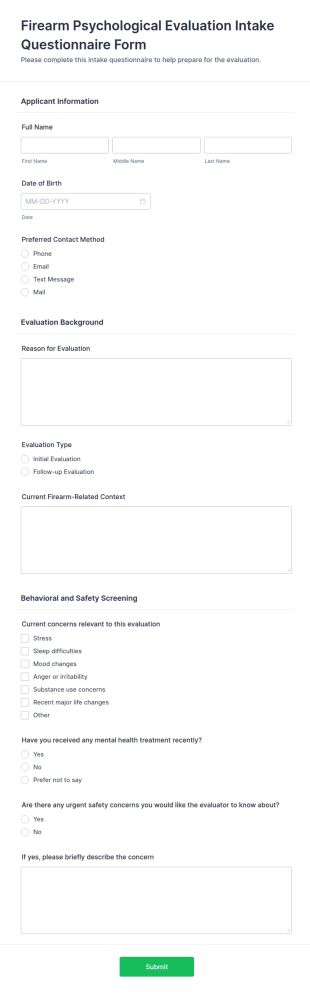 Firearm Psychological Evaluation Intake Questionnaire Form Template