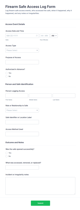 Firearm Safe Access Log Form Template