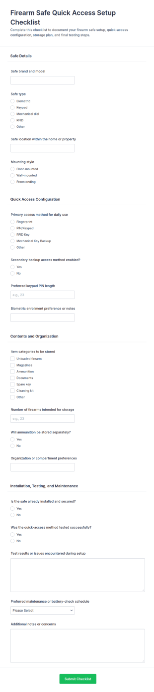 Firearm Safe Quick Access Setup Checklist Form Template