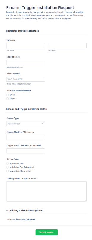 Firearm Trigger Installation Request Form Template