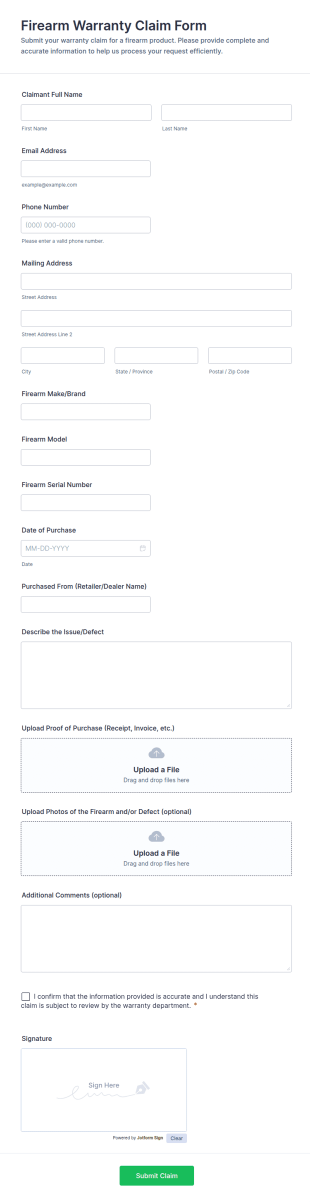 Firearm Warranty Claim Form Template