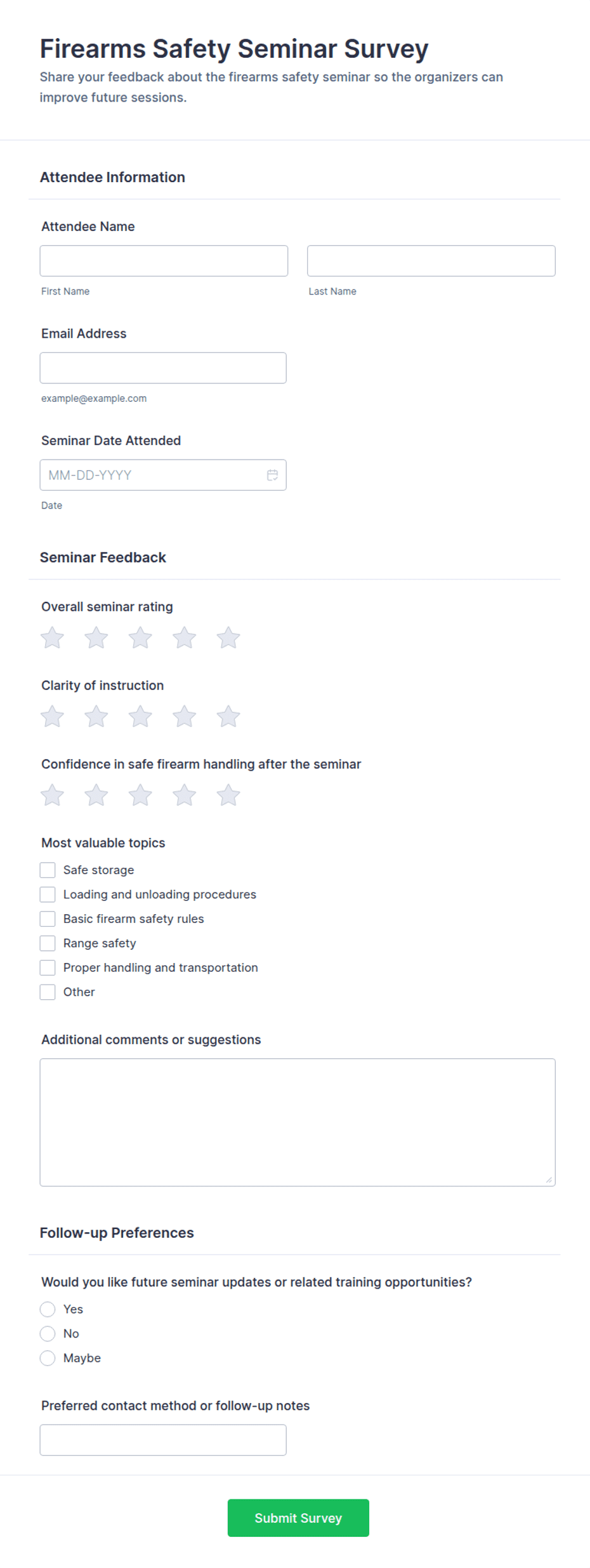 Firearms Safety Seminar Survey Form Template | Jotform