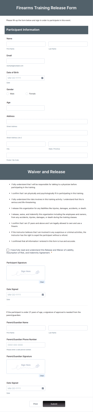 Firearms Training Release Form Template