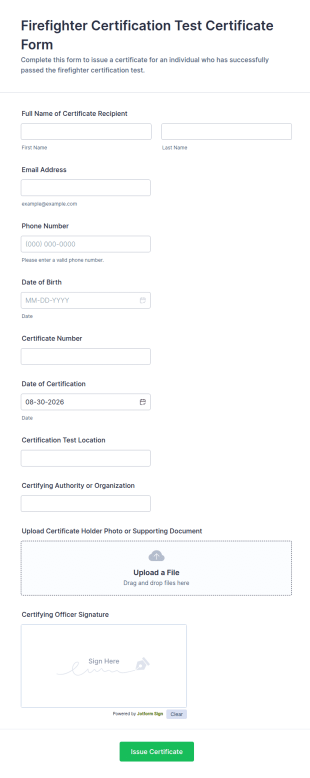 Firefighter Certification Test Certificate Form Template