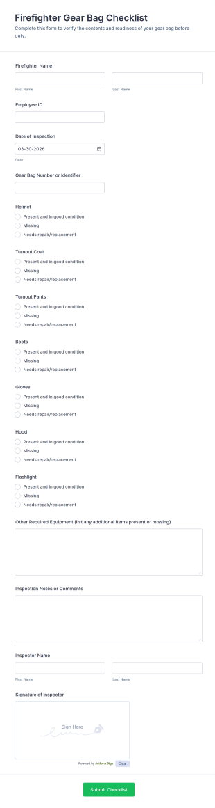 Firefighter Gear Bag Checklist Form Template