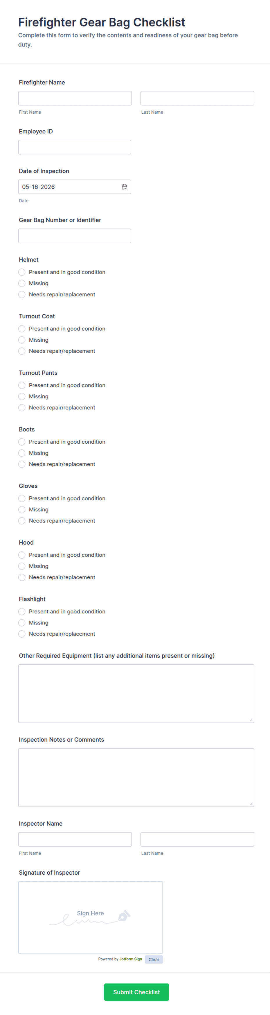 Firefighter Rope Checklist Firefighter Gear Bag Checklist Form Template | Jotform