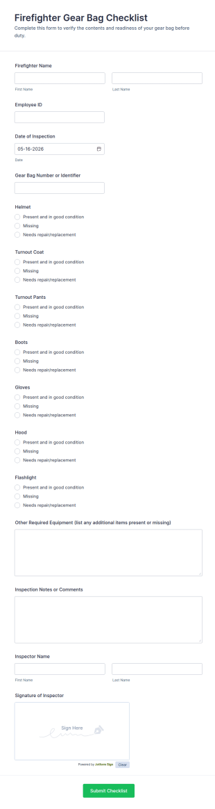 Firefighter Gear Bag Checklist Form Template