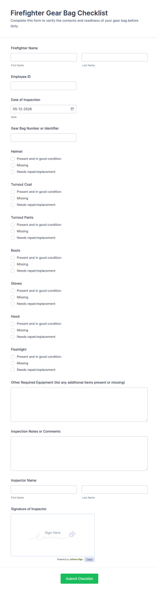 Firefighter Gear Bag Checklist Form Template
