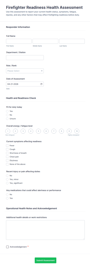 Firefighter Readiness Health Assessment Form Template