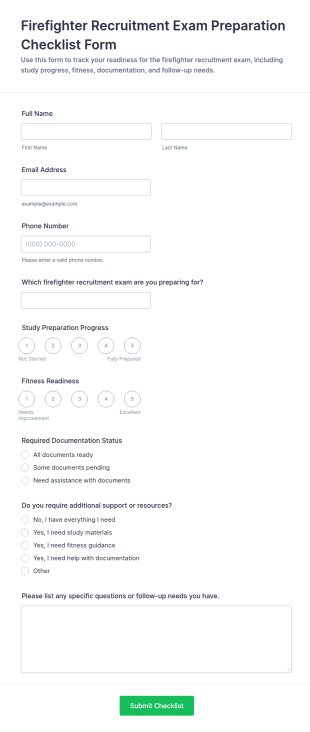 Firefighter Recruitment Exam Preparation Checklist Form Template