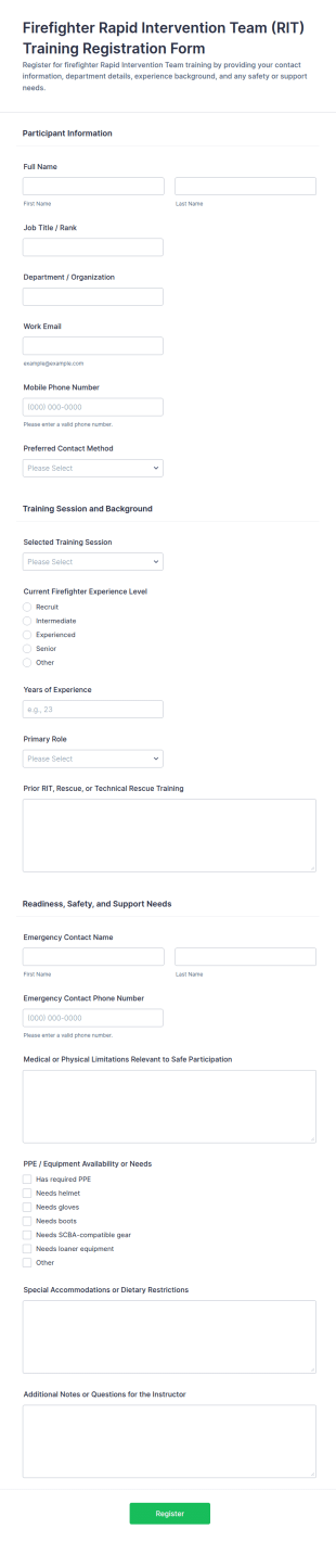 Firefighter RIT Training Registration Form Template