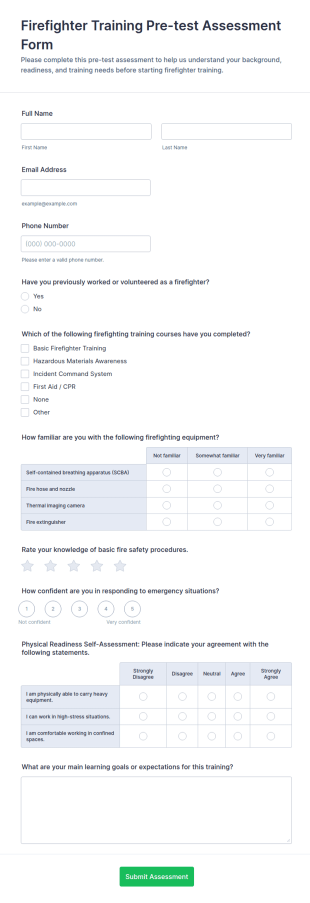 Firefighter Training Pre Test Assessment Form Template