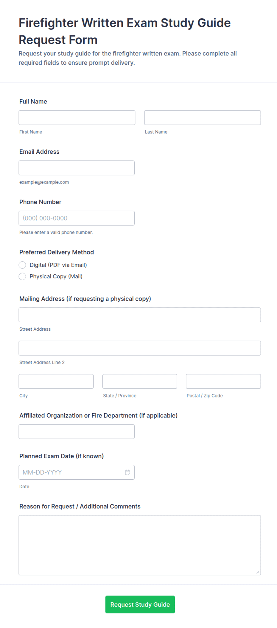 Firefighter Written Exam Study Guide Request Form Template | Jotform