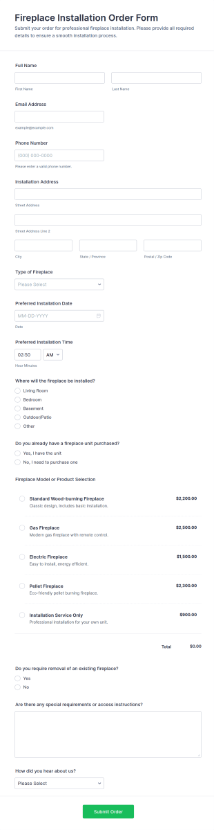 Fireplace Installation Order Form Template