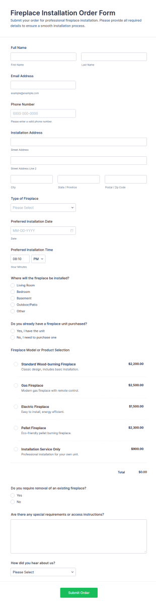 Fireplace Installation Order Form Template