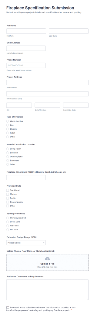 Fireplace Specification Submission Form Template