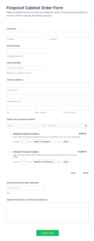 Fireproof Cabinet Order Form Template