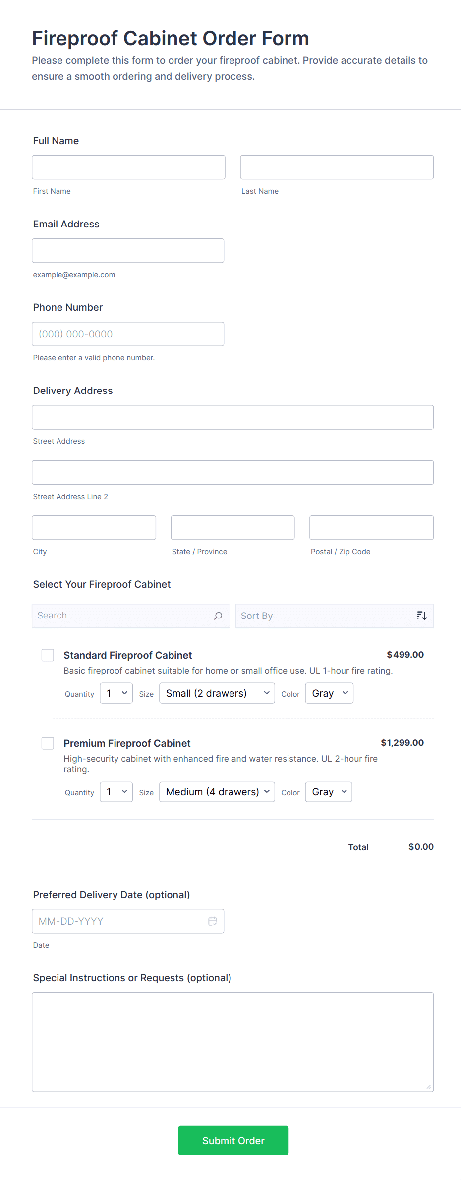 Fireproof Cabinet Order Form Template | Jotform
