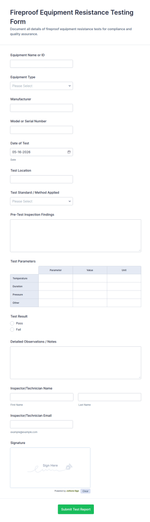 Fireproof Equipment Resistance Testing Form Template