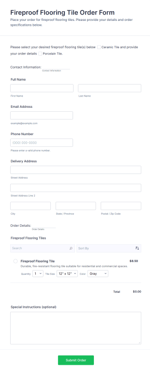 Fireproof Flooring Tile Order Form Template