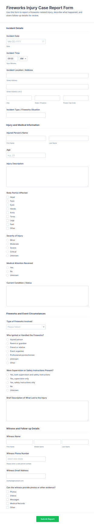 Fireworks Injury Case Report Form Template