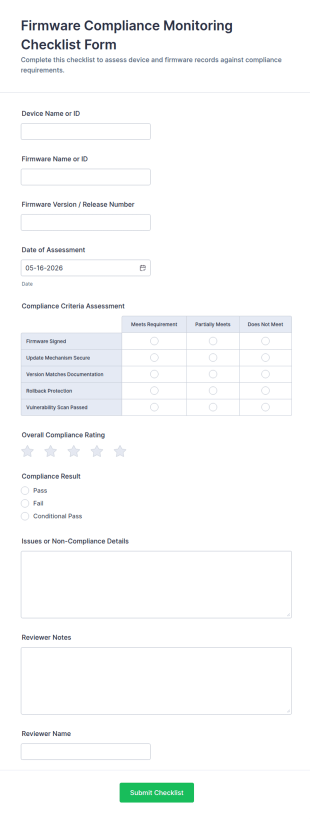 Firmware Compliance Monitoring Checklist Form Template