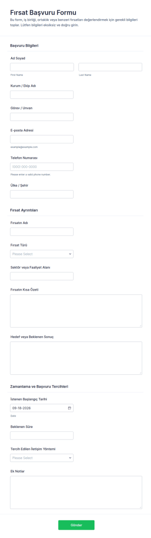 Fırsat Başvuru Form Şablonu