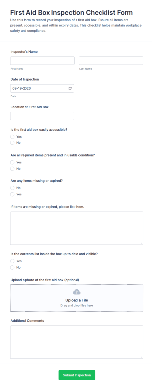First Aid Box Inspection Checklist Form Template